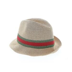 AUTH GUCCI Straw Fedora Hat Red Green Web Stripe Unisex Size Medium